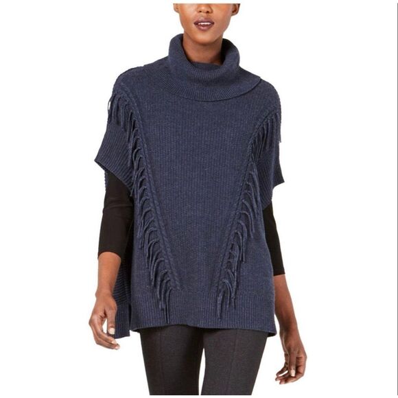 Anne Klein Sweater Women’s L/XL Dark Blue Knit Pullover Poncho Fringe NWT - Picture 1 of 9